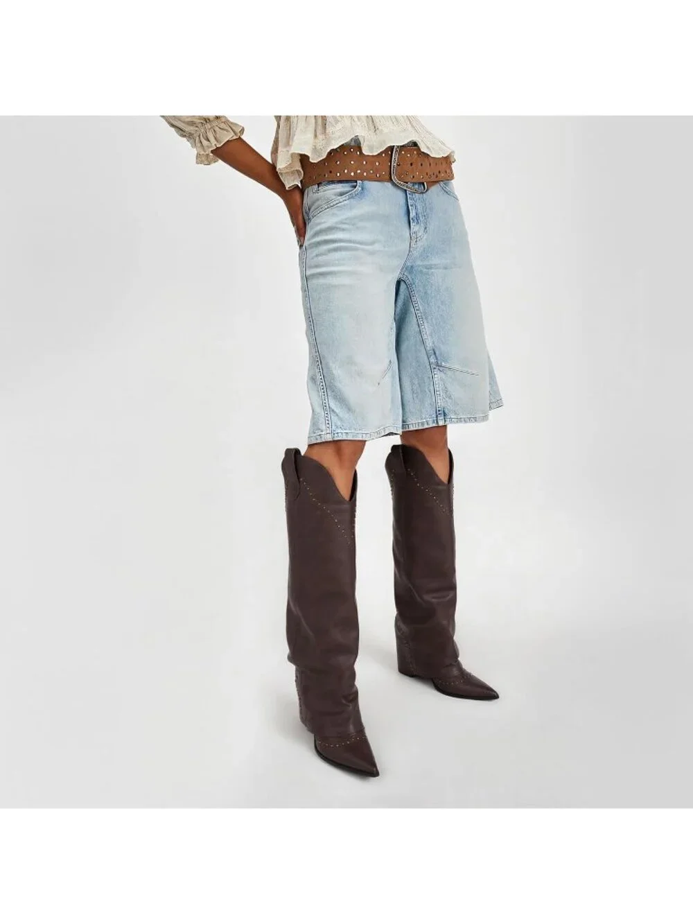 Women's Coffee Shark Studded Fold Over Knee High Snip Toe Cowgirl Slouch Boots